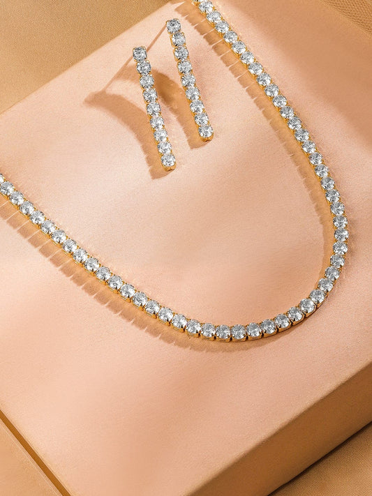 Rubans 18K Gold Plated White Cubic Zirconia Tennis Necklace & Earrings Set