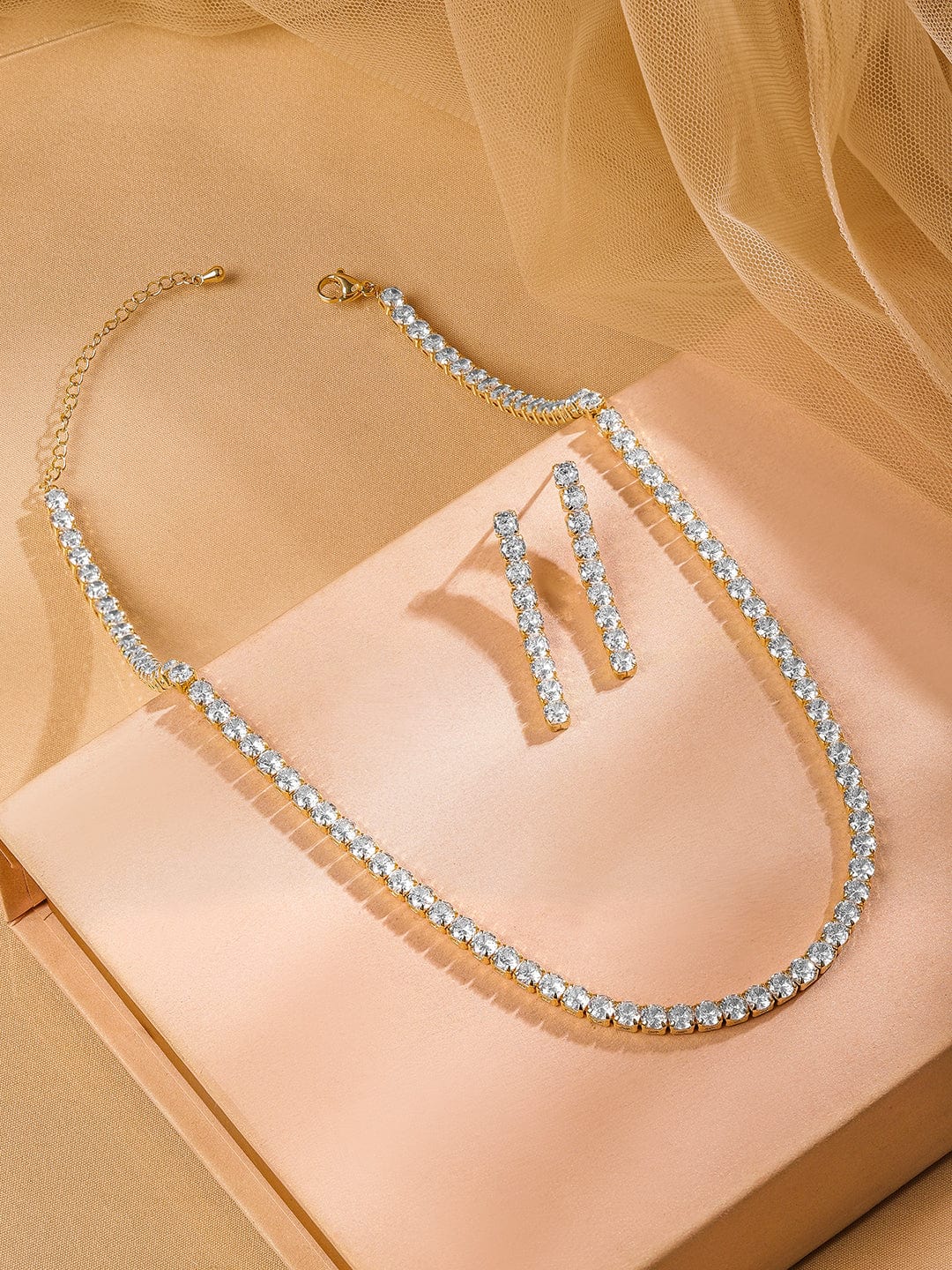 Rubans 18K Gold Plated White Cubic Zirconia Tennis Necklace & Earrings Set