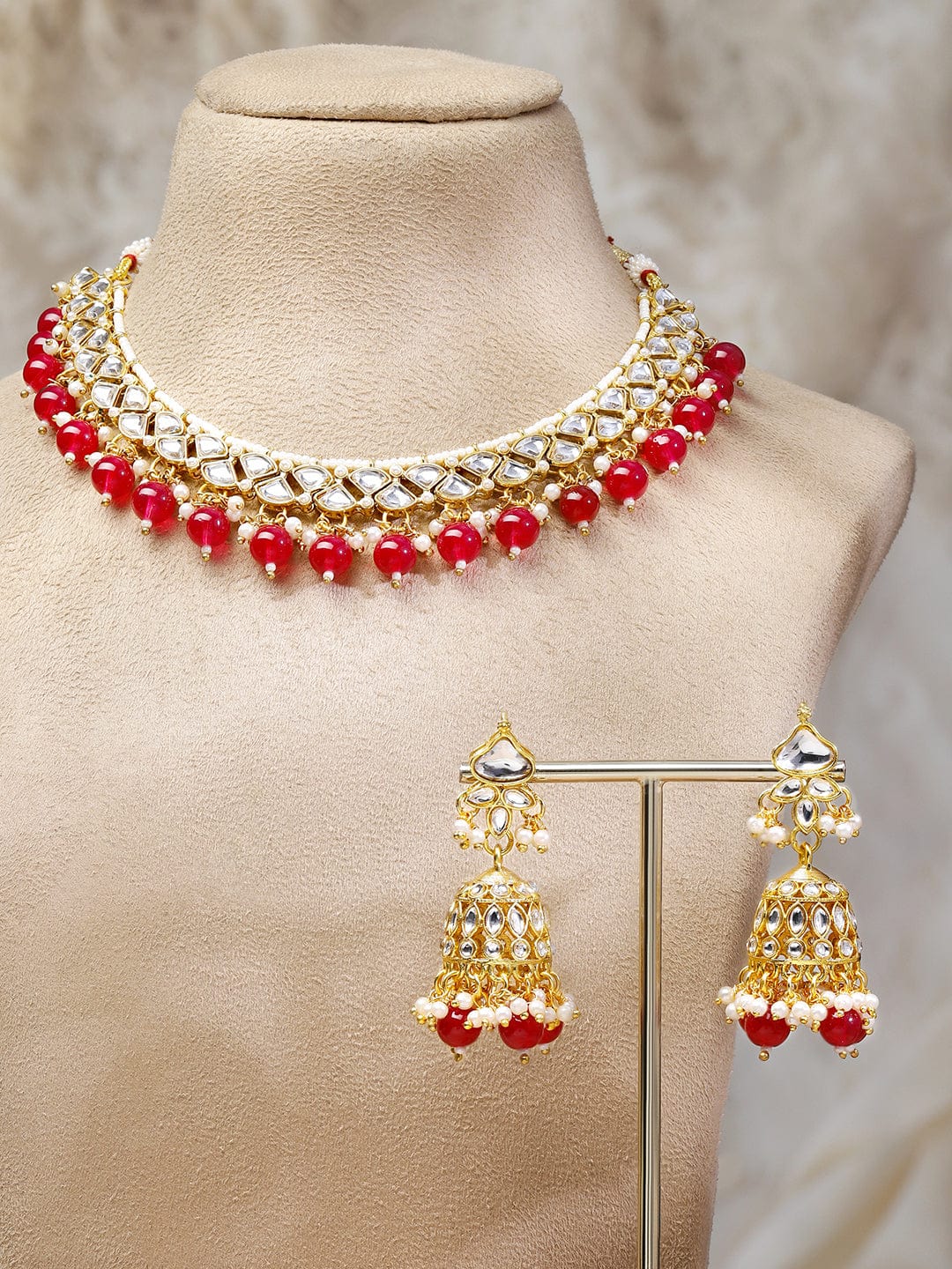 Rubans 18K Gold-Plated White Kundan Choker Necklace Set with Ruby Red Beads and White Pearls