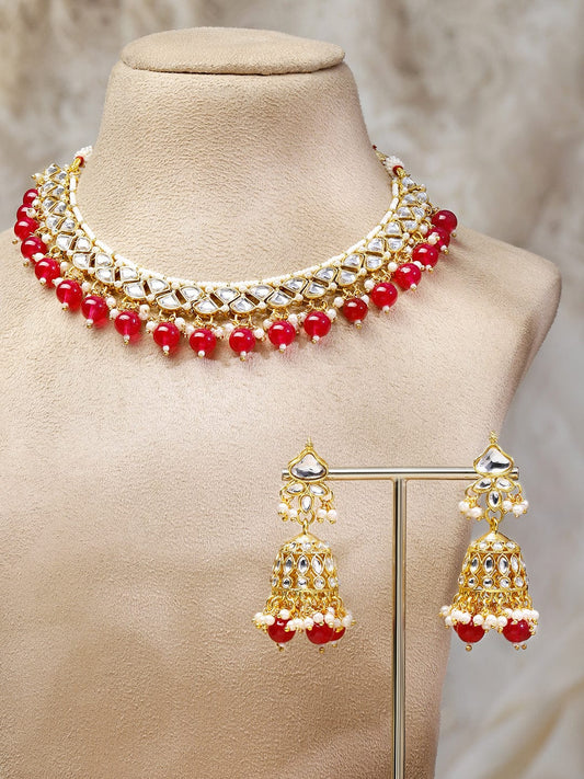 Rubans 18K Gold-Plated White Kundan Choker Necklace Set with Ruby Red Beads and White Pearls