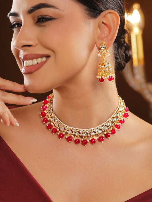 Rubans 18K Gold-Plated White Kundan Choker Necklace Set with Ruby Red Beads and White Pearls