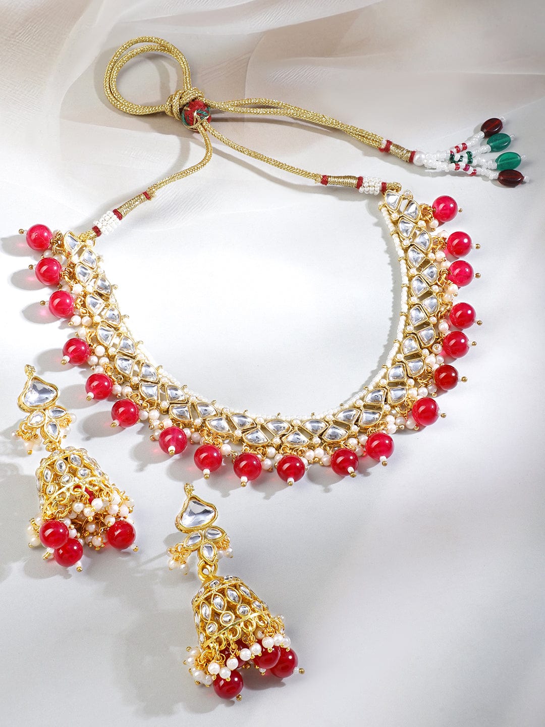 Rubans 18K Gold-Plated White Kundan Choker Necklace Set with Ruby Red Beads and White Pearls
