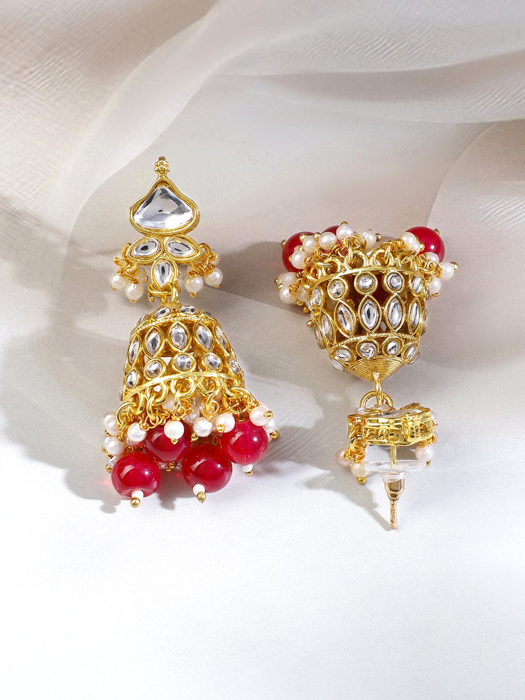 Rubans 18K Gold-Plated White Kundan Choker Necklace Set with Ruby Red Beads and White Pearls