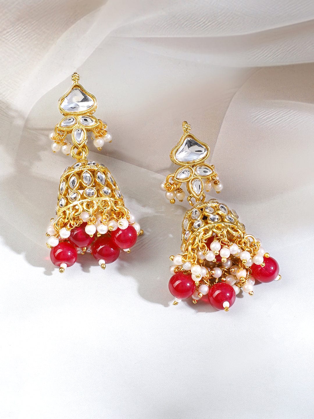 Rubans 18K Gold-Plated White Kundan Choker Necklace Set with Ruby Red Beads and White Pearls