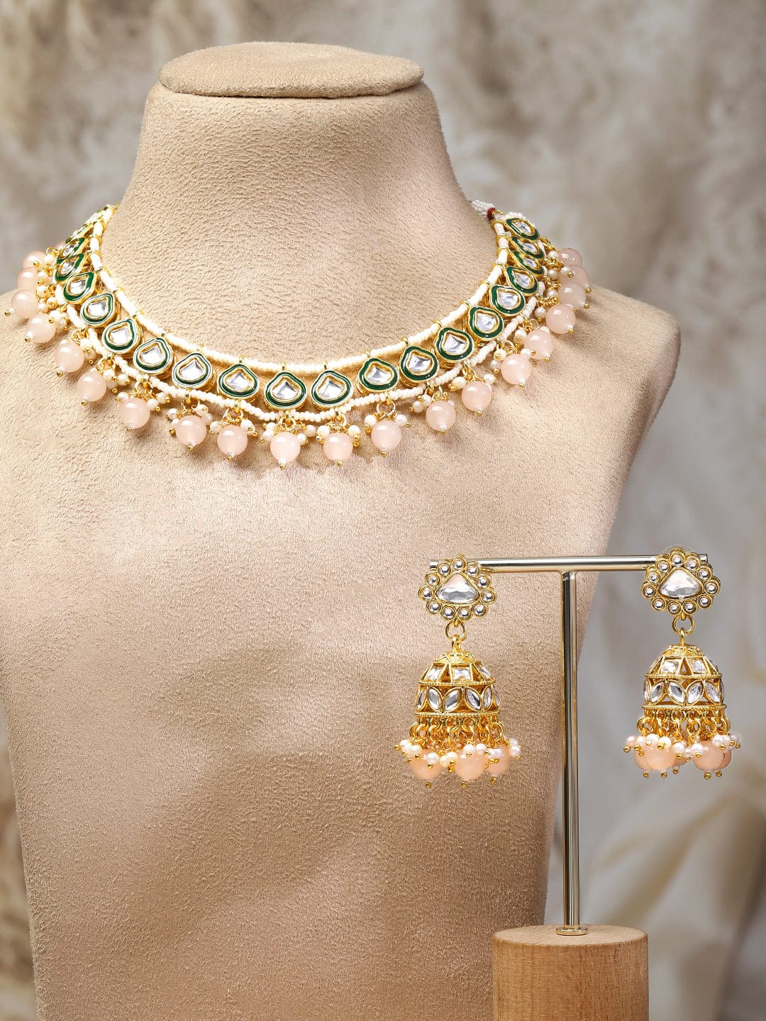 Rubans 18K Gold-Plated White Kundan Necklace Set with Green Enamel, White Pearls and Peach Beads