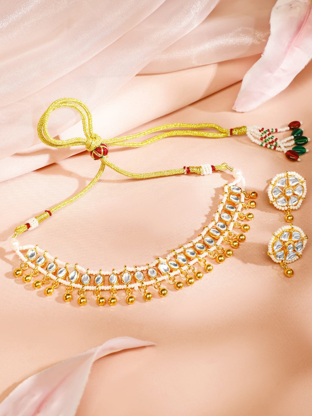 Rubans 18K Gold-Plated White Kundan Studded Choker Necklace Set with Gold Beaded Detailing