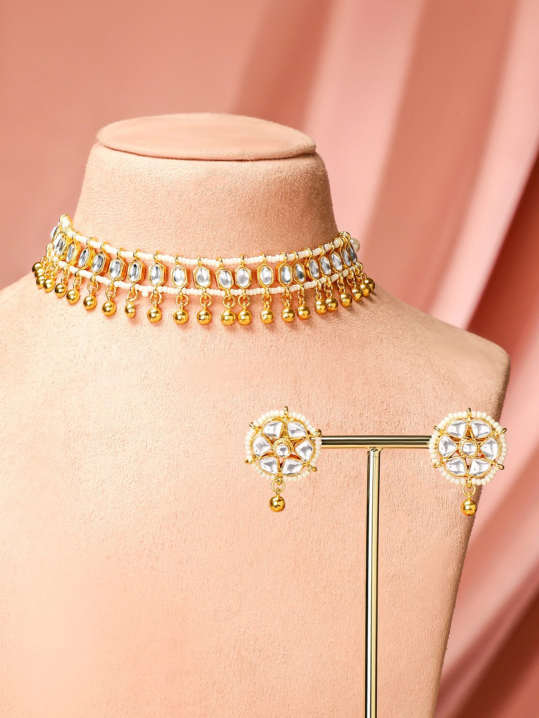 Rubans 18K Gold-Plated White Kundan Studded Choker Necklace Set with Gold Beaded Detailing