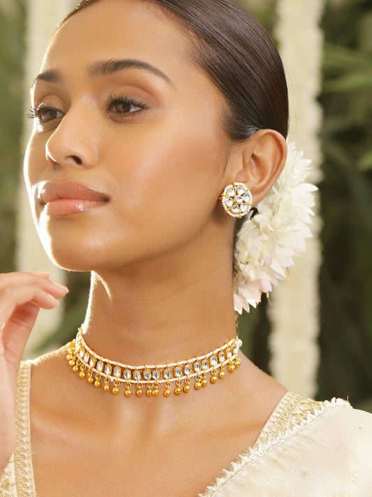 Rubans 18K Gold-Plated White Kundan Studded Choker Necklace Set with Gold Beaded Detailing