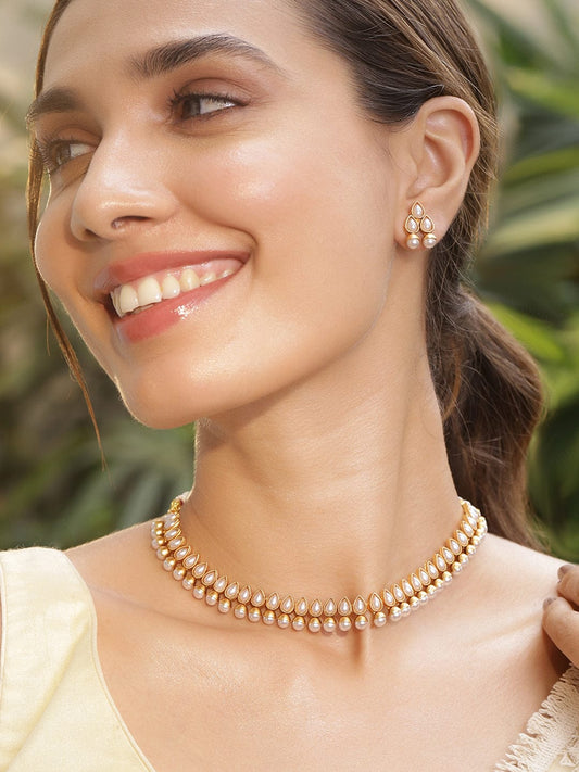 Rubans 18K Gold Plated White Pearl Beaded Contemporary Handcrafted Choker Necklace Set