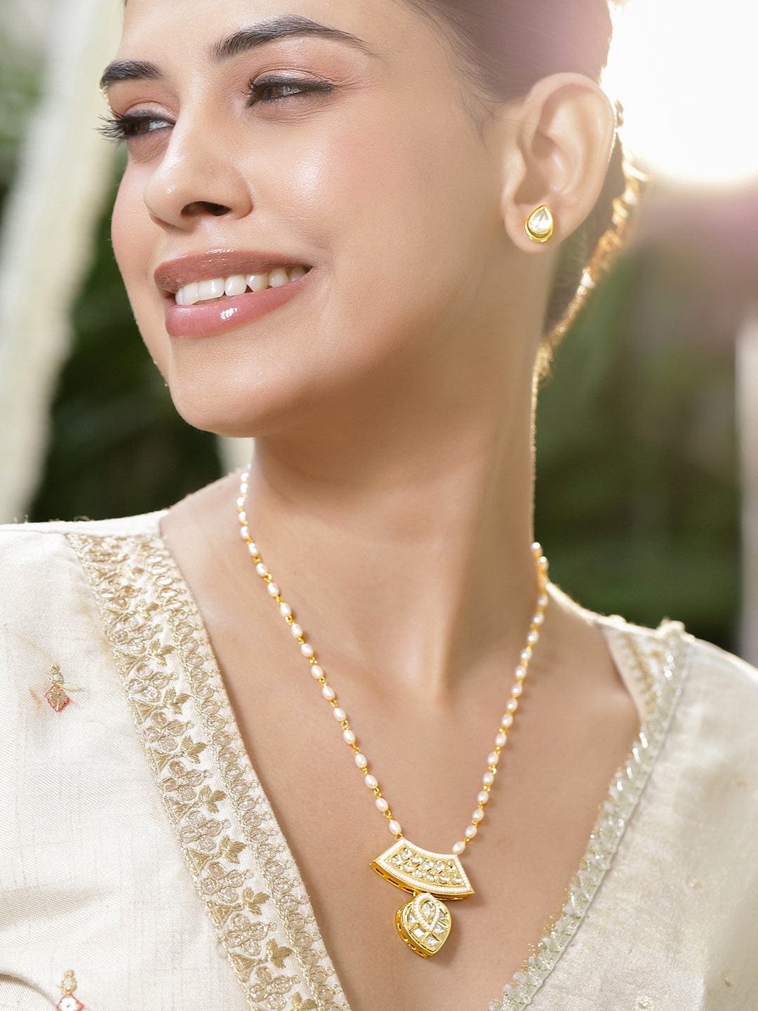 Rubans 18K Gold-Plated White Pearl Beaded & Kundan Studded Pendant Necklace Set