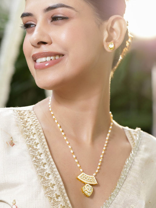 Rubans 18K Gold-Plated White Pearl Beaded & Kundan Studded Pendant Necklace Set