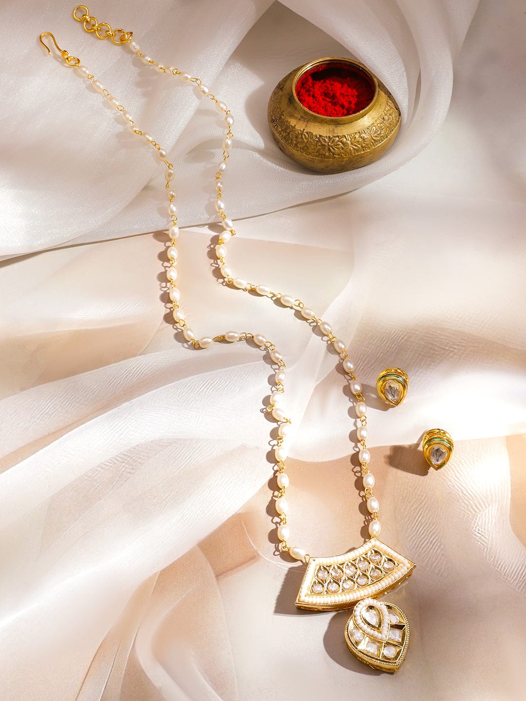Rubans 18K Gold-Plated White Pearl Beaded & Kundan Studded Pendant Necklace Set