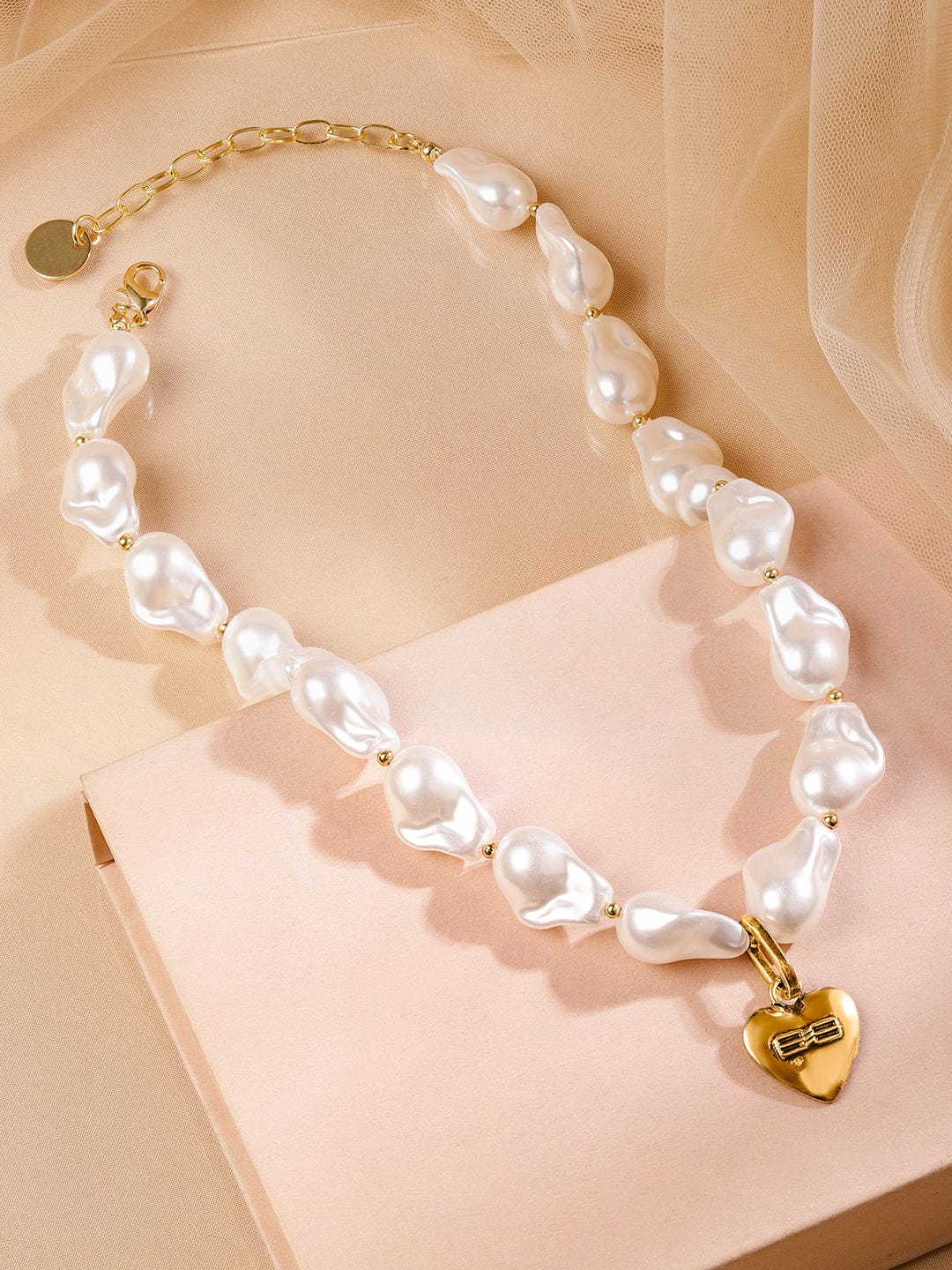 Rubans 18K Gold-Plated White Pearl Necklace with Heart Pendant - Premium Designer Jewelry