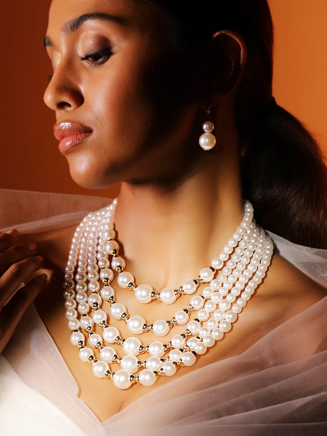 Rubans 18K Gold-Toned Plated Handcrafted Glossy White Pearl Multi-Layer Necklace Set