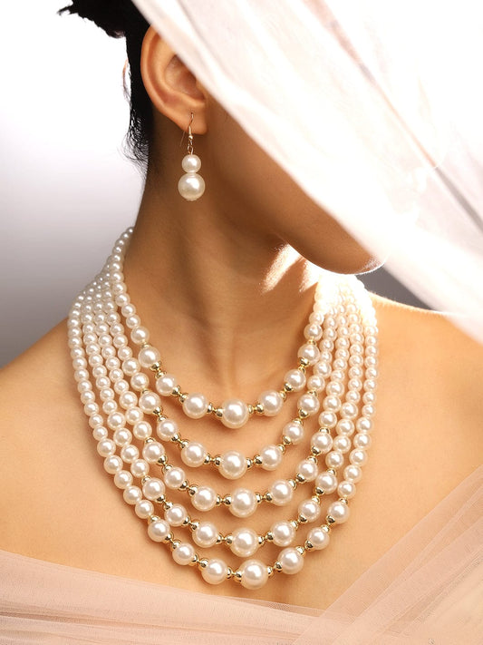 Rubans 18K Gold-Toned Plated Handcrafted Glossy White Pearl Multi-Layer Necklace Set
