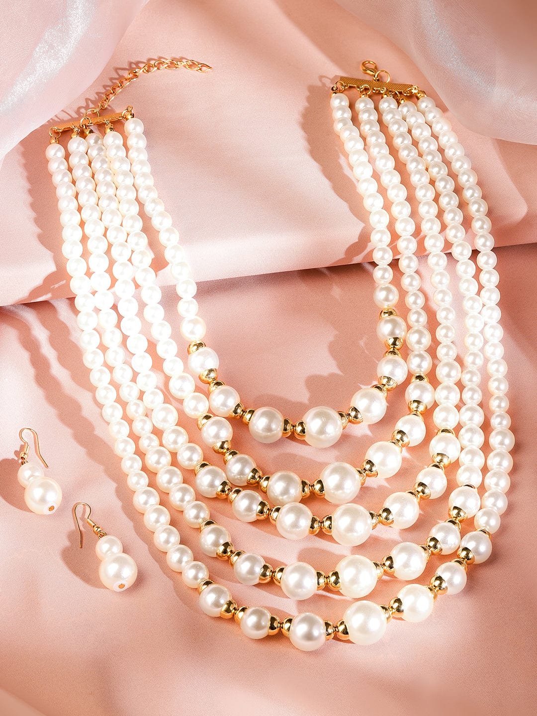 Rubans 18K Gold-Toned Plated Handcrafted Glossy White Pearl Multi-Layer Necklace Set