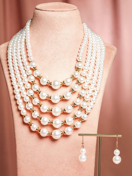 Rubans 18K Gold-Toned Plated Handcrafted Glossy White Pearl Multi-Layer Necklace Set