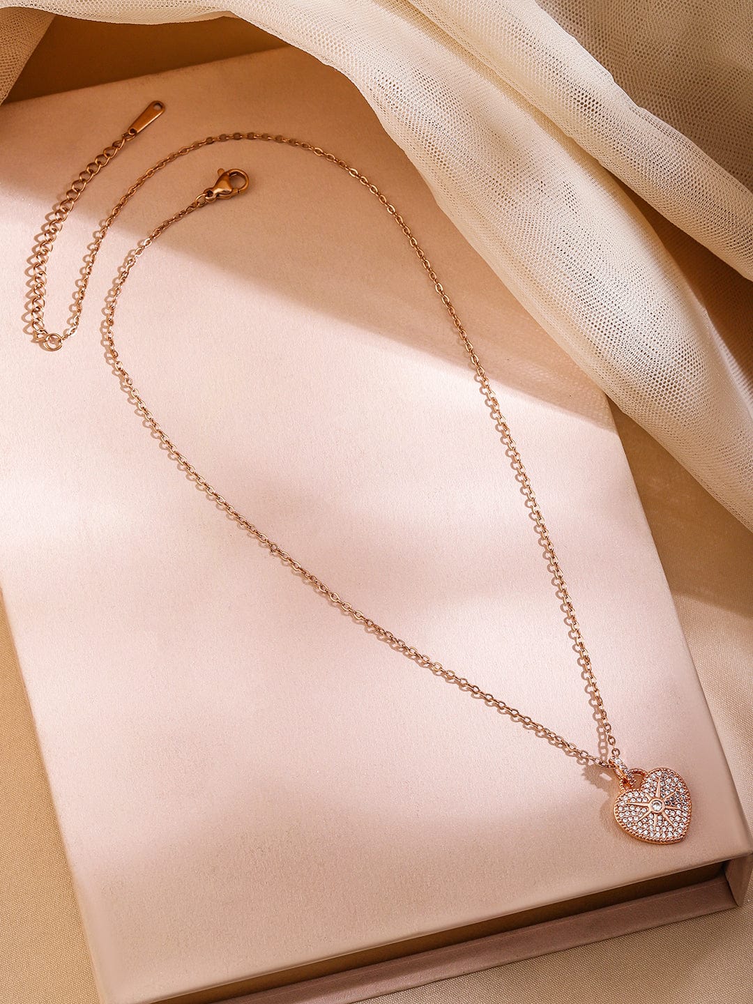 Rubans 18K Rose Gold-Plated Heart-Shaped Cubic Zirconia Studded Pendant Necklace