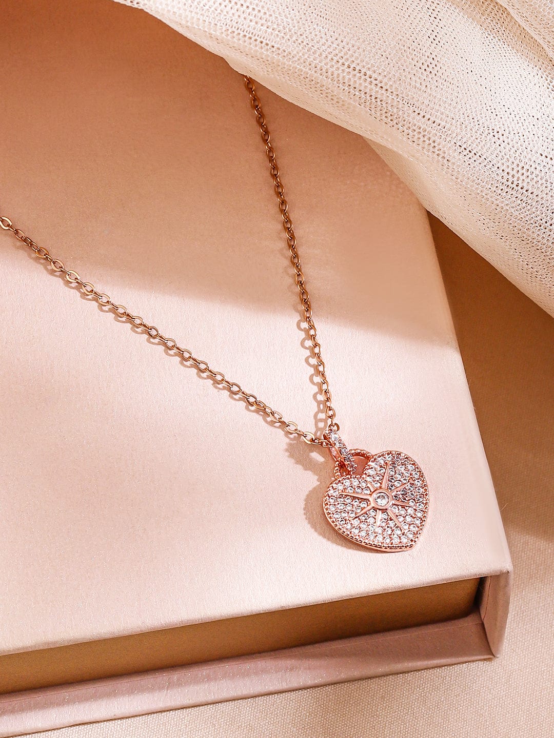 Rubans 18K Rose Gold-Plated Heart-Shaped Cubic Zirconia Studded Pendant Necklace