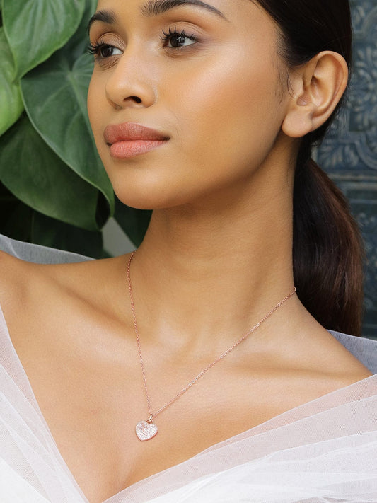 Rubans 18K Rose Gold-Plated Heart-Shaped Cubic Zirconia Studded Pendant Necklace