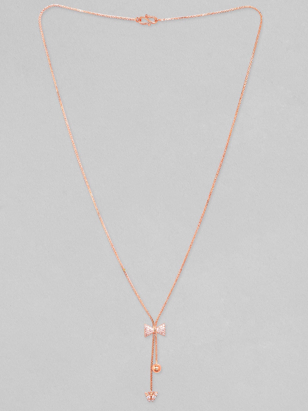 Rubans 18K Rose Gold Plated, Minimal Chain Bow Motif Zircons Studded Drop Pendant Necklace.