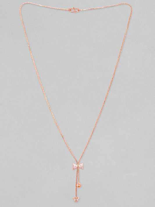 Rubans 18K Rose Gold Plated, Minimal Chain Bow Motif Zircons Studded Drop Pendant Necklace.
