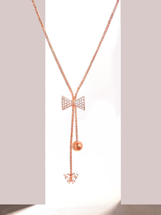 Rubans 18K Rose Gold Plated, Minimal Chain Bow Motif Zircons Studded Drop Pendant Necklace.