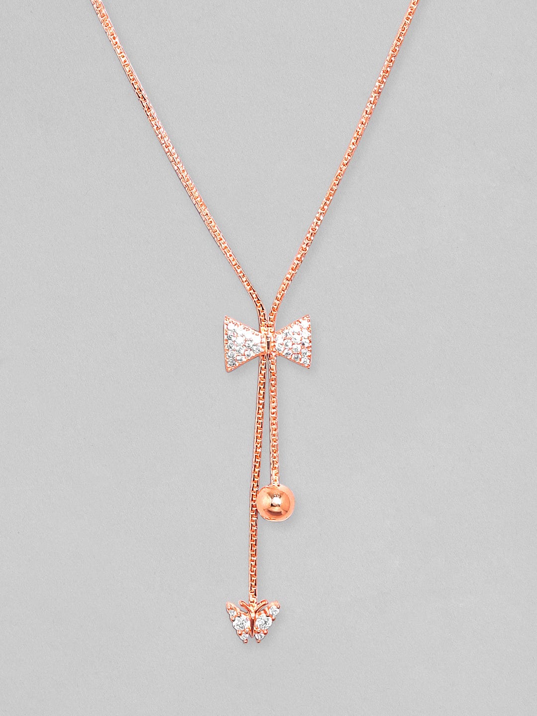 Rubans 18K Rose Gold Plated, Minimal Chain Bow Motif Zircons Studded Drop Pendant Necklace.