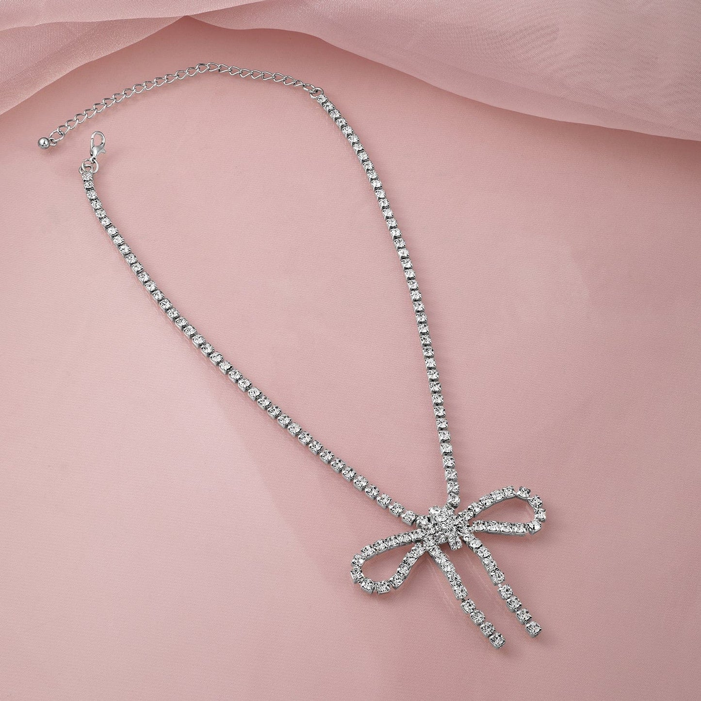 Rubans 18KT Gold Plated Cubic Zirconia Studded Statement Glamorous Bow Pendant Necklace