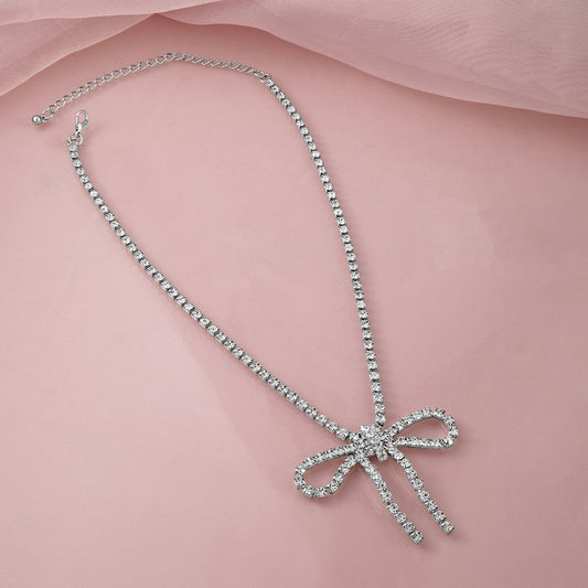 Rubans 18KT Gold Plated Cubic Zirconia Studded Statement Glamorous Bow Pendant Necklace