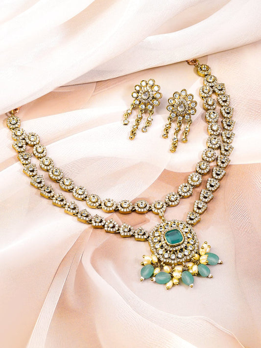 Rubans 22K Gold-Plated Aqua Blue & White Cubic Zirconia Studded Dual-Layer Necklace Set with Cream & Aqua Blue Pearl Drops