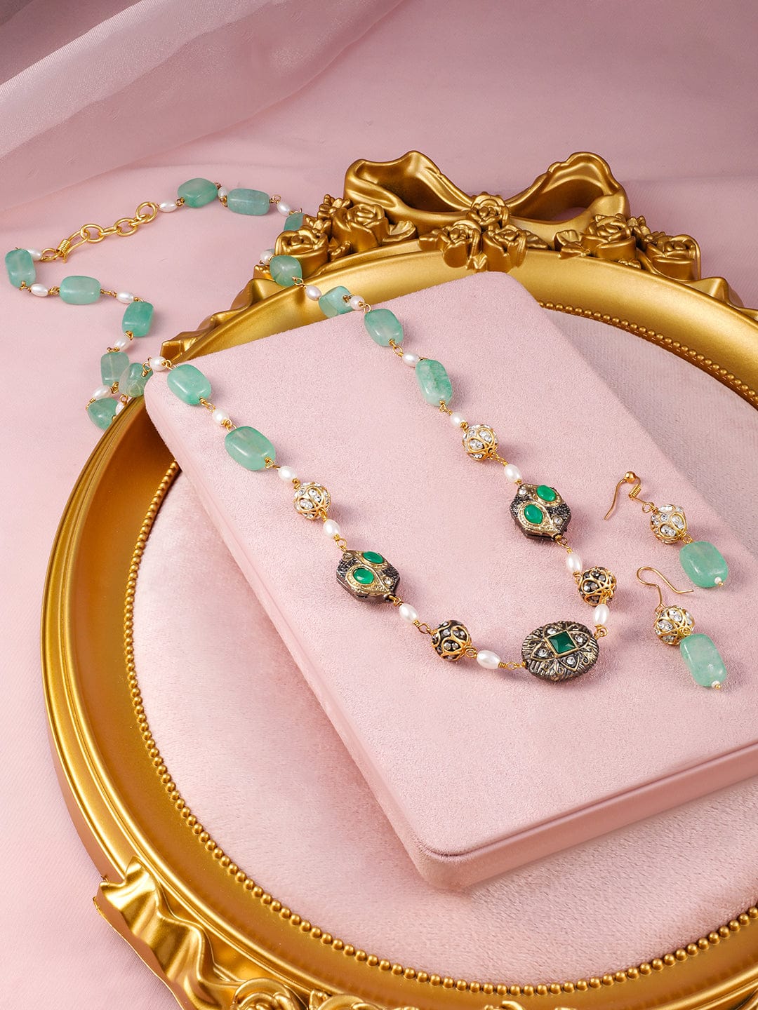 Rubans 22K Gold-Plated Aqua Green Beaded Antique Pendant Necklace Set with Earrings