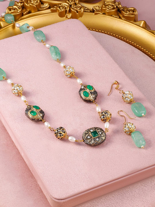 Rubans 22K Gold-Plated Aqua Green Beaded Antique Pendant Necklace Set with Earrings
