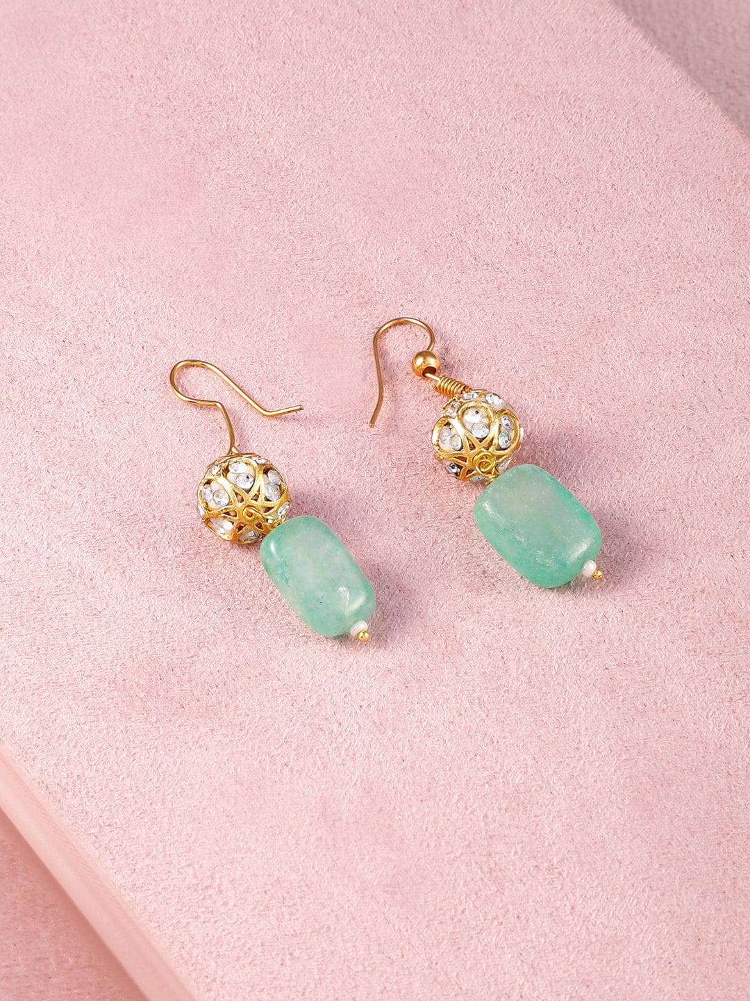 Rubans 22K Gold-Plated Aqua Green Beaded Antique Pendant Necklace Set with Earrings