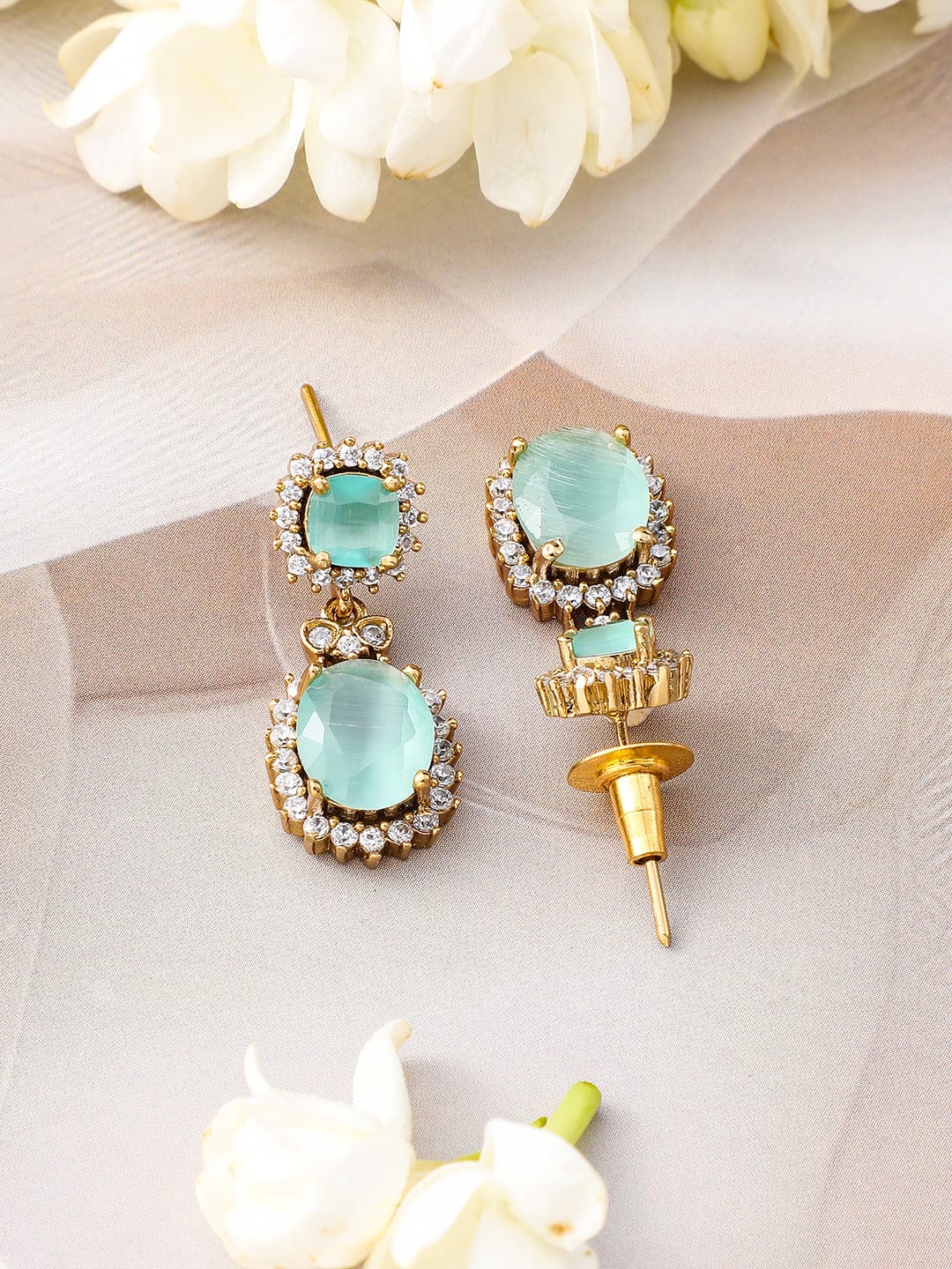Rubans 22K Gold-Plated Aqua Green Stone & Cubic Zirconia Studded Necklace Set with Earrings