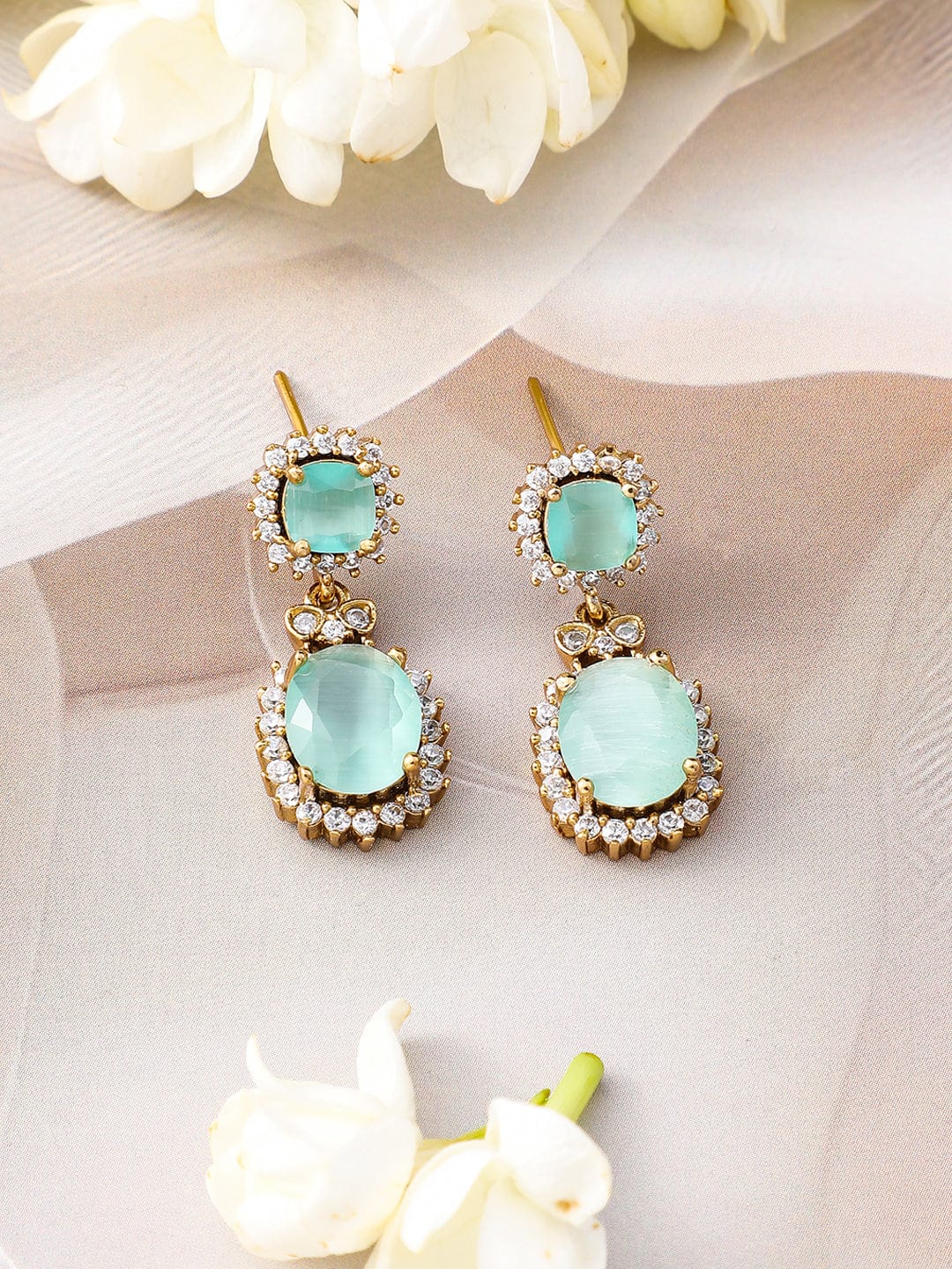 Rubans 22K Gold-Plated Aqua Green Stone & Cubic Zirconia Studded Necklace Set with Earrings