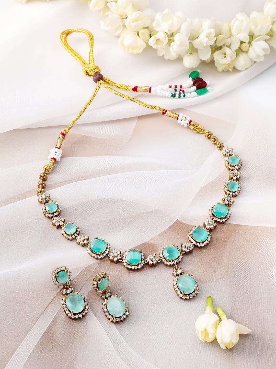 Rubans 22K Gold-Plated Aqua Green Stone & Cubic Zirconia Studded Necklace Set with Earrings