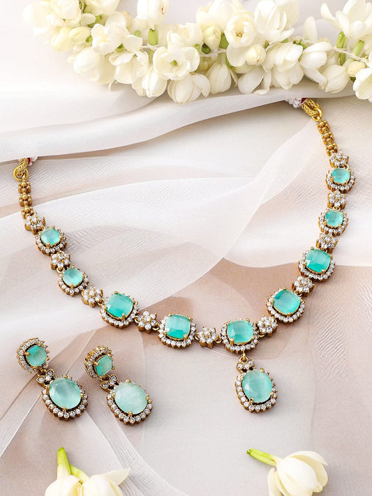 Rubans 22K Gold-Plated Aqua Green Stone & Cubic Zirconia Studded Necklace Set with Earrings