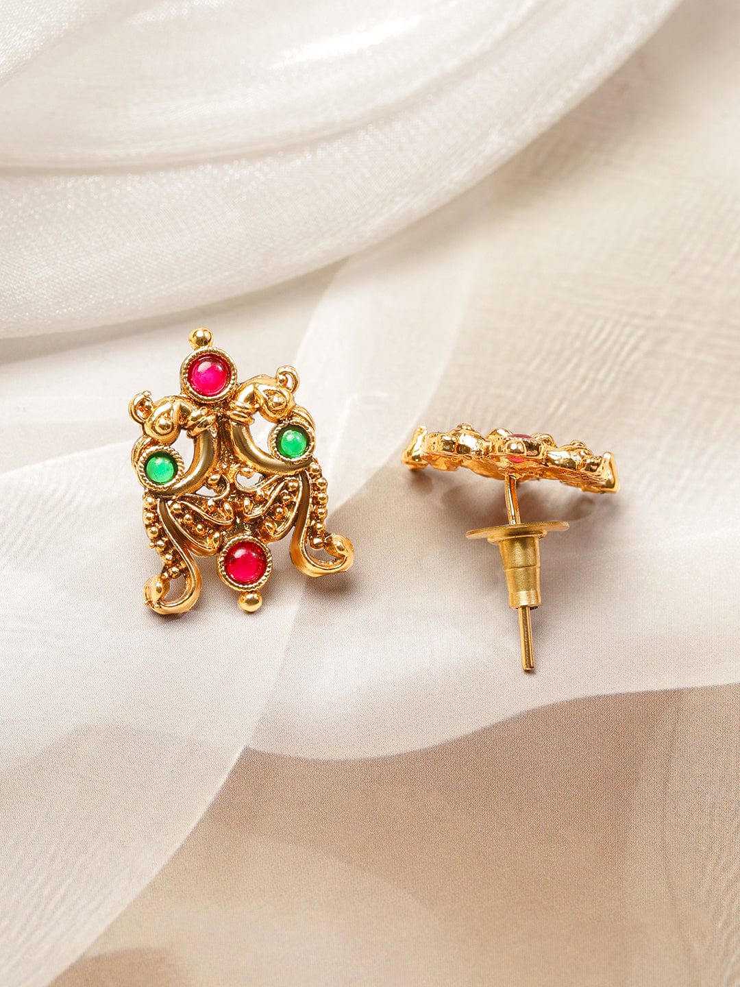 Rubans 22K Gold-Plated Brass Traditional Necklace Set with Ruby Red & Emerald Green Stones