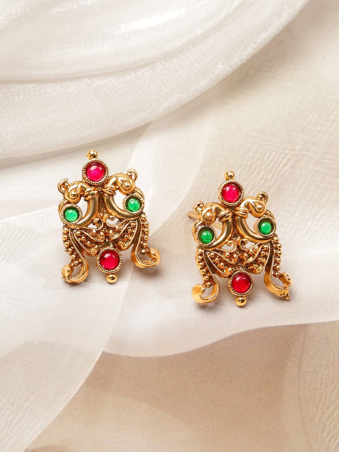 Rubans 22K Gold-Plated Brass Traditional Necklace Set with Ruby Red & Emerald Green Stones