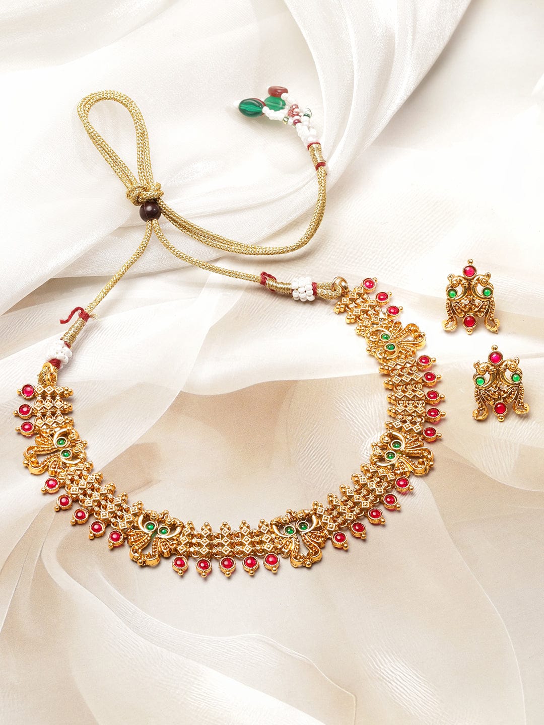 Rubans 22K Gold-Plated Brass Traditional Necklace Set with Ruby Red & Emerald Green Stones