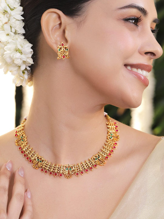 Rubans 22K Gold-Plated Brass Traditional Necklace Set with Ruby Red & Emerald Green Stones