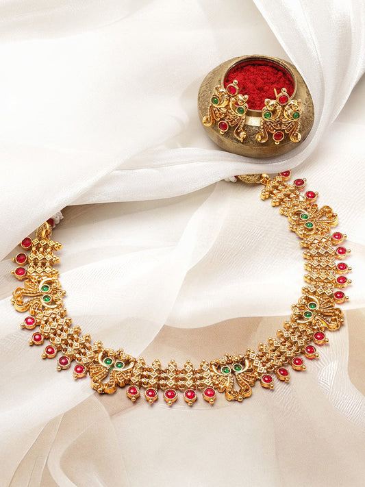 Rubans 22K Gold-Plated Brass Traditional Necklace Set with Ruby Red & Emerald Green Stones