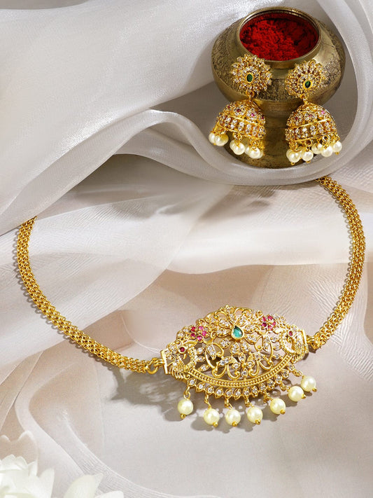 Rubans 22K Gold-Plated Choker Necklace Set with Emerald Green Ruby Pink & Cubic Zirconia Stones and Pearl Drops