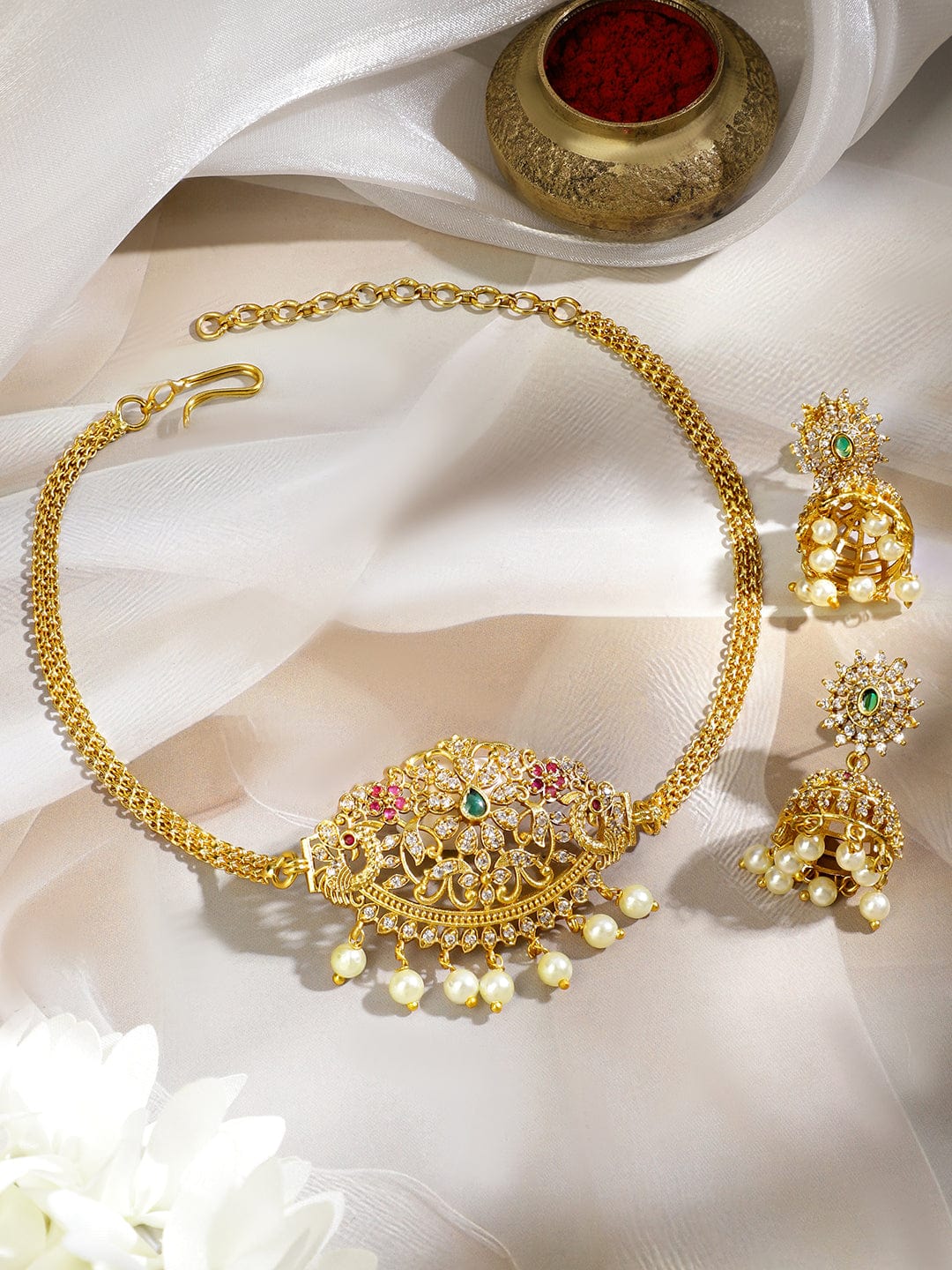 Rubans 22K Gold-Plated Choker Necklace Set with Emerald Green Ruby Pink & Cubic Zirconia Stones and Pearl Drops