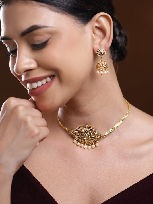 Rubans 22K Gold-Plated Choker Necklace Set with Emerald Green Ruby Pink & Cubic Zirconia Stones and Pearl Drops