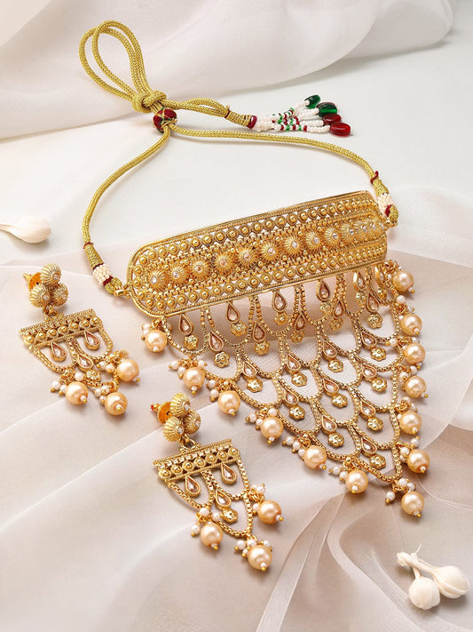 Rubans 22K Gold-Plated Choker Necklace Set With Pearls & Intricate Layered Design