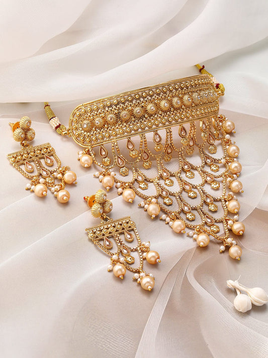 Rubans 22K Gold-Plated Choker Necklace Set With Pearls & Intricate Layered Design