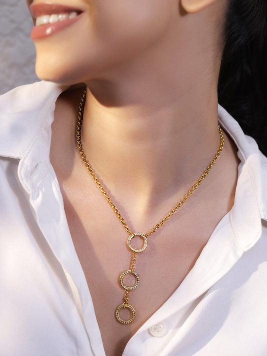 Rubans 22K Gold-Plated Circular Pendant Brass Necklace with Cubic Zirconia Accents