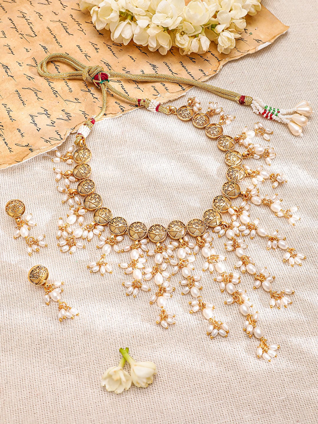 Rubans 22K Gold-Plated Coin Motif Necklace with White Beaded Pearl Dangling